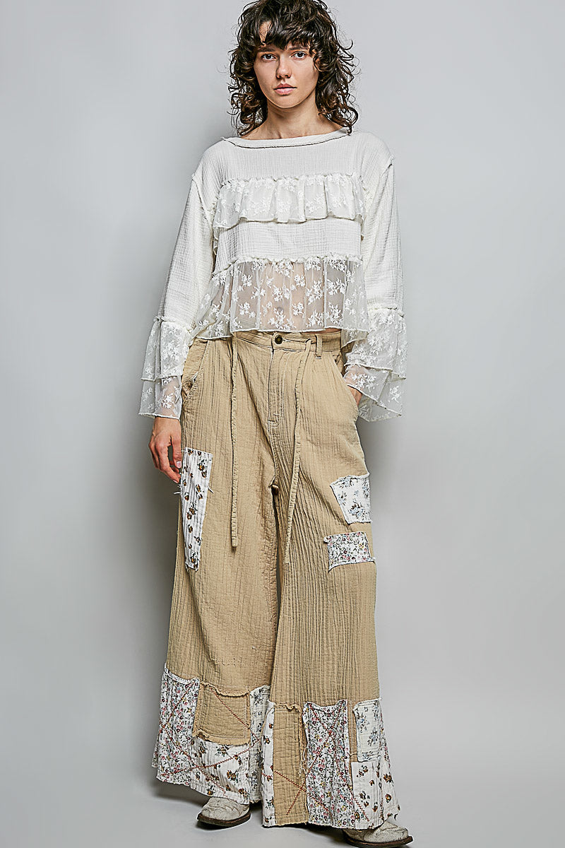 POL Double Gauze Patched Wide Leg Pants in Latte Multi – June Adel