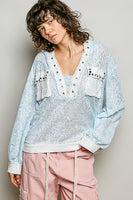 POL Textured Open Knit Hooded Top in Blue Multi
