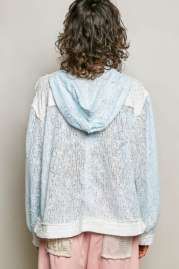 POL Textured Open Knit Hooded Top in Blue Multi