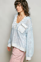 POL Textured Open Knit Hooded Top in Blue Multi