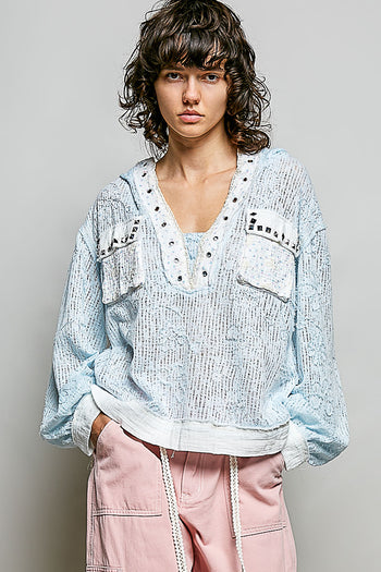 POL Textured Open Knit Hooded Top in Blue Multi