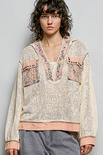 POL Textured Open Knit Hooded Top in Cream Multi