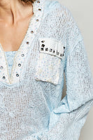 POL Textured Open Knit Hooded Top in Blue Multi