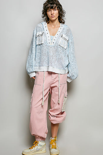 POL Textured Open Knit Hooded Top in Blue Multi