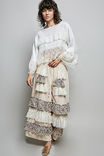 POL Gauze and Sheer Lace Top in Off White