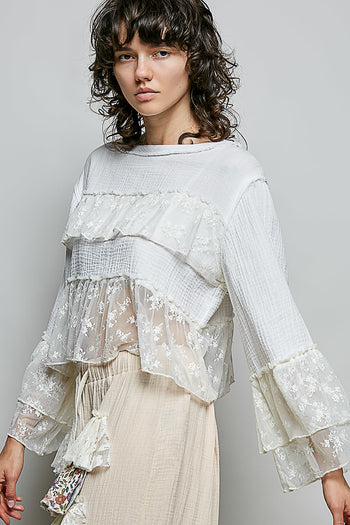 POL Gauze and Sheer Lace Top in Off White