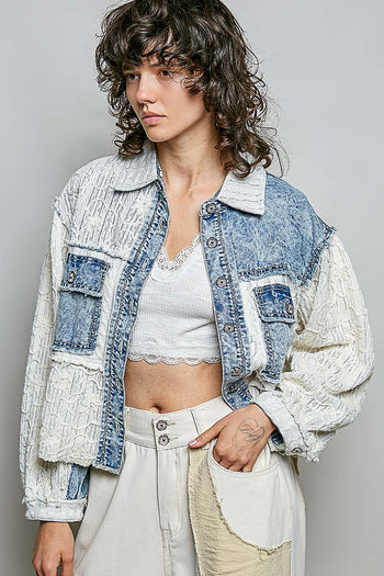 POL Patchwork Twill Button-Up Shirt in Denim Multi