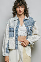 POL Patchwork Twill Button-Up Shirt in Denim Multi
