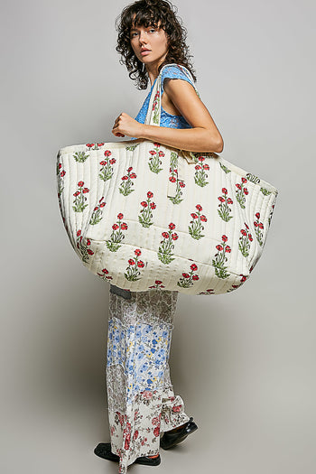 POL Jumbo Quilted Cotton Drawstring Tote Bag in Ivory Multi