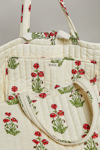 POL Jumbo Quilted Cotton Drawstring Tote Bag in Ivory Multi