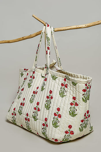 POL Jumbo Quilted Cotton Drawstring Tote Bag in Ivory Multi