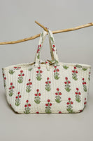 POL Jumbo Quilted Cotton Drawstring Tote Bag in Ivory Multi