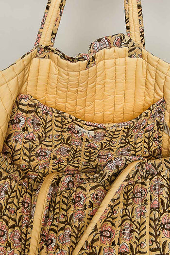 POL Jumbo Quilted Cotton Drawstring Tote Bag in Honey Multi