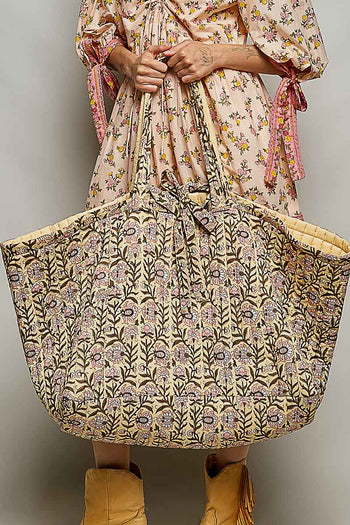 POL Jumbo Quilted Cotton Drawstring Tote Bag in Honey Multi