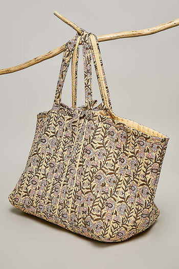 POL Jumbo Quilted Cotton Drawstring Tote Bag in Honey Multi