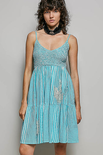 POL Contrasting Vertical Stripe Mini Dress in Aqua Multi