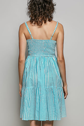 POL Contrasting Vertical Stripe Mini Dress in Aqua Multi