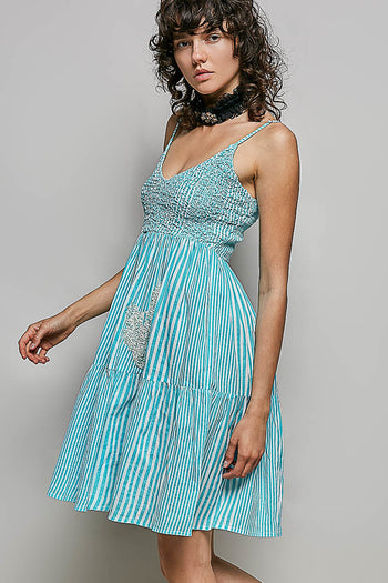 POL Contrasting Vertical Stripe Mini Dress in Aqua Multi