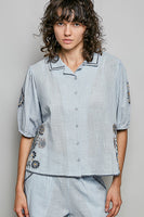 POL Cotton Embroidered Top in Sky Multi