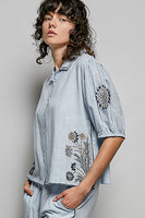 POL Cotton Embroidered Top in Sky Multi