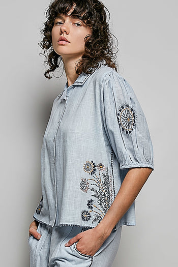 POL Cotton Embroidered Top in Sky Multi