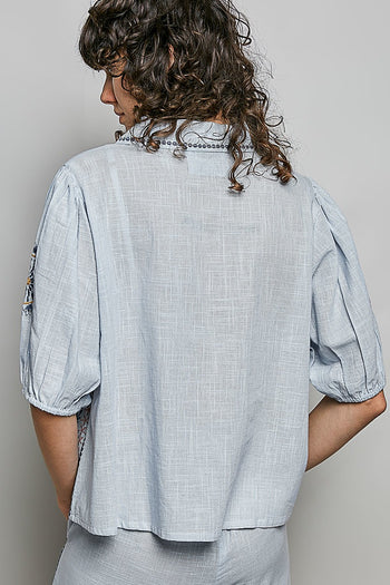 POL Cotton Embroidered Top in Sky Multi
