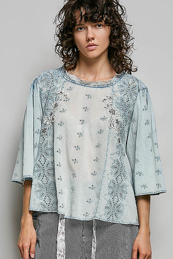 POL Artisan Embroidered Relaxed Blouse in Denim Blue