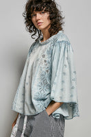 POL Artisan Embroidered Relaxed Blouse in Denim Blue