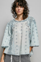 POL Artisan Embroidered Relaxed Blouse in Denim Blue
