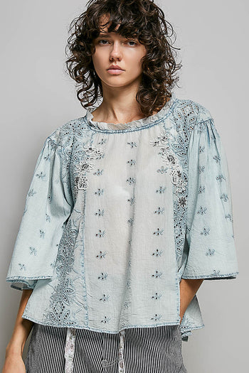 POL Artisan Embroidered Relaxed Blouse in Denim Blue