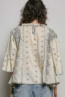 POL Artisan Embroidered Relaxed Blouse in Pale Grey