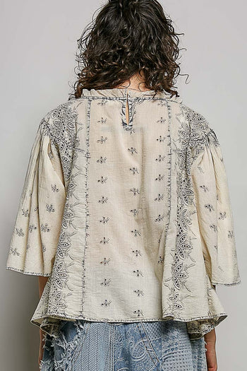 POL Artisan Embroidered Relaxed Blouse in Pale Grey