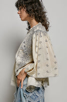 POL Artisan Embroidered Relaxed Blouse in Pale Grey