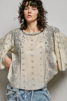 POL Artisan Embroidered Relaxed Blouse in Pale Grey