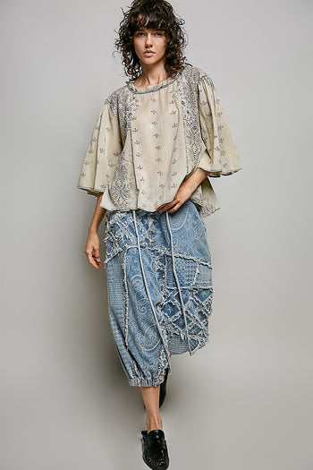 POL Artisan Embroidered Relaxed Blouse in Pale Grey