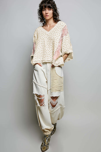 POL OVERSIZED Textured Floral Print and Lace Poncho Top in Pink Multi