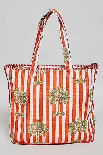 POL Quilted Jumbo Woven Tote in Orange Stripe