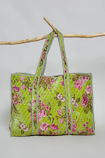 POL Mixed Print Quilted Velvet Tote in Lime