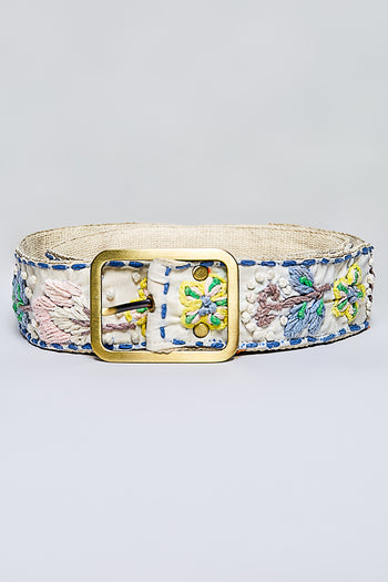 POL Embroidered Fabric Belt in Blush Multi