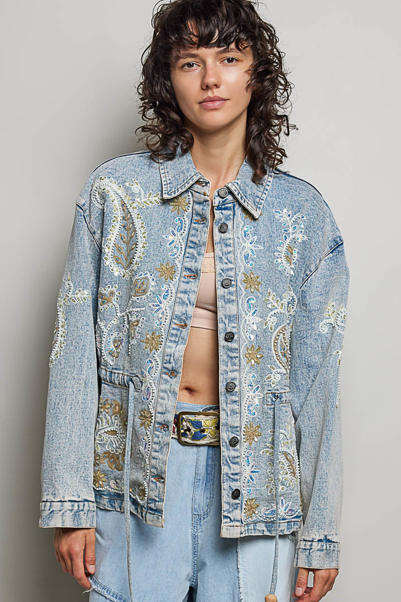 POL Sequin and Embroidery Detailed Jacket in Denim – June Adel