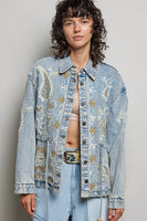 POL Sequin and Embroidery Detailed Jacket in Denim