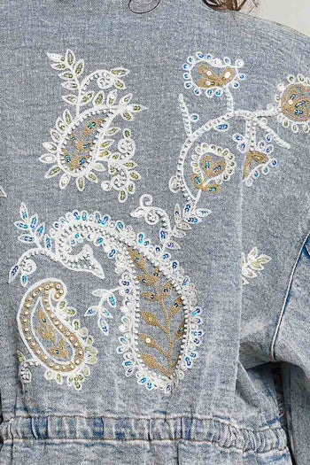 POL Sequin and Embroidery Detailed Jacket in Denim