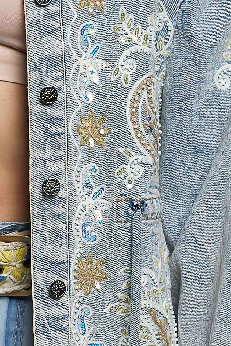 POL Sequin and Embroidery Detailed Jacket in Denim – June Adel