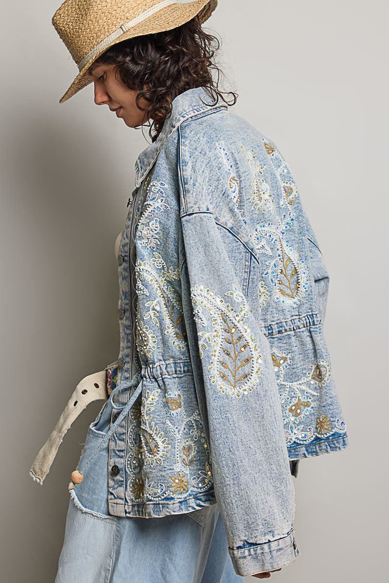 POL Sequin and Embroidery Detailed Jacket in Denim – June Adel