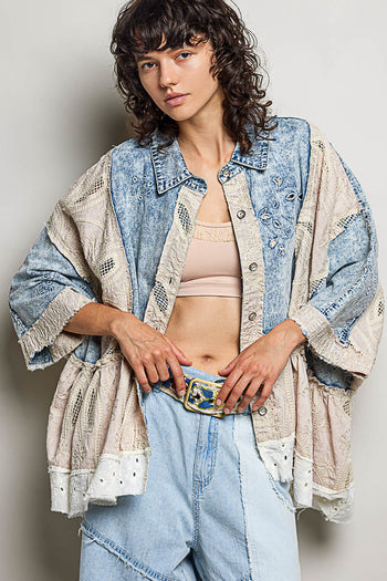 POL Vintage Embroidered Denim Shirt in Denim