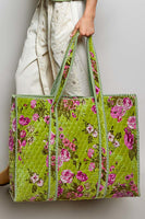POL Mixed Print Quilted Velvet Tote in Lime
