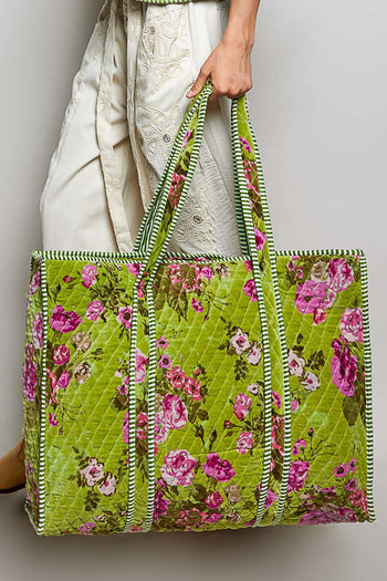 POL Mixed Print Quilted Velvet Tote in Lime