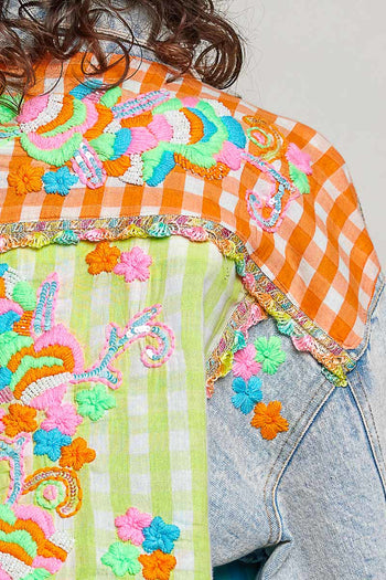 POL Plaid Contrast Denim Jacket Top With Hand-Embroidered Details in Denim
