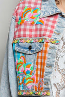POL Plaid Contrast Denim Jacket Top With Hand-Embroidered Details in Denim