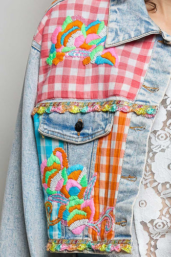 POL Plaid Contrast Denim Jacket Top With Hand-Embroidered Details in Denim